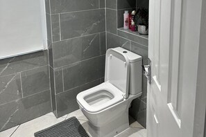 Chuveiro, secador de cabelo, toalhas de banho 