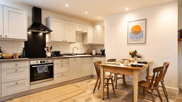 Fridge, oven, electric kettle, toaster