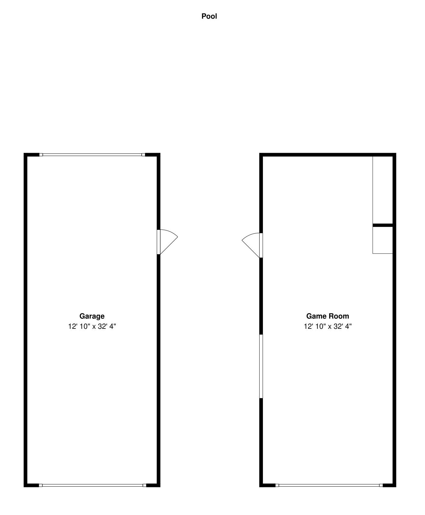 Plantegning med pool, garage måler 3,8 x 9,8 meter, og et spilerum i samme størrelse.