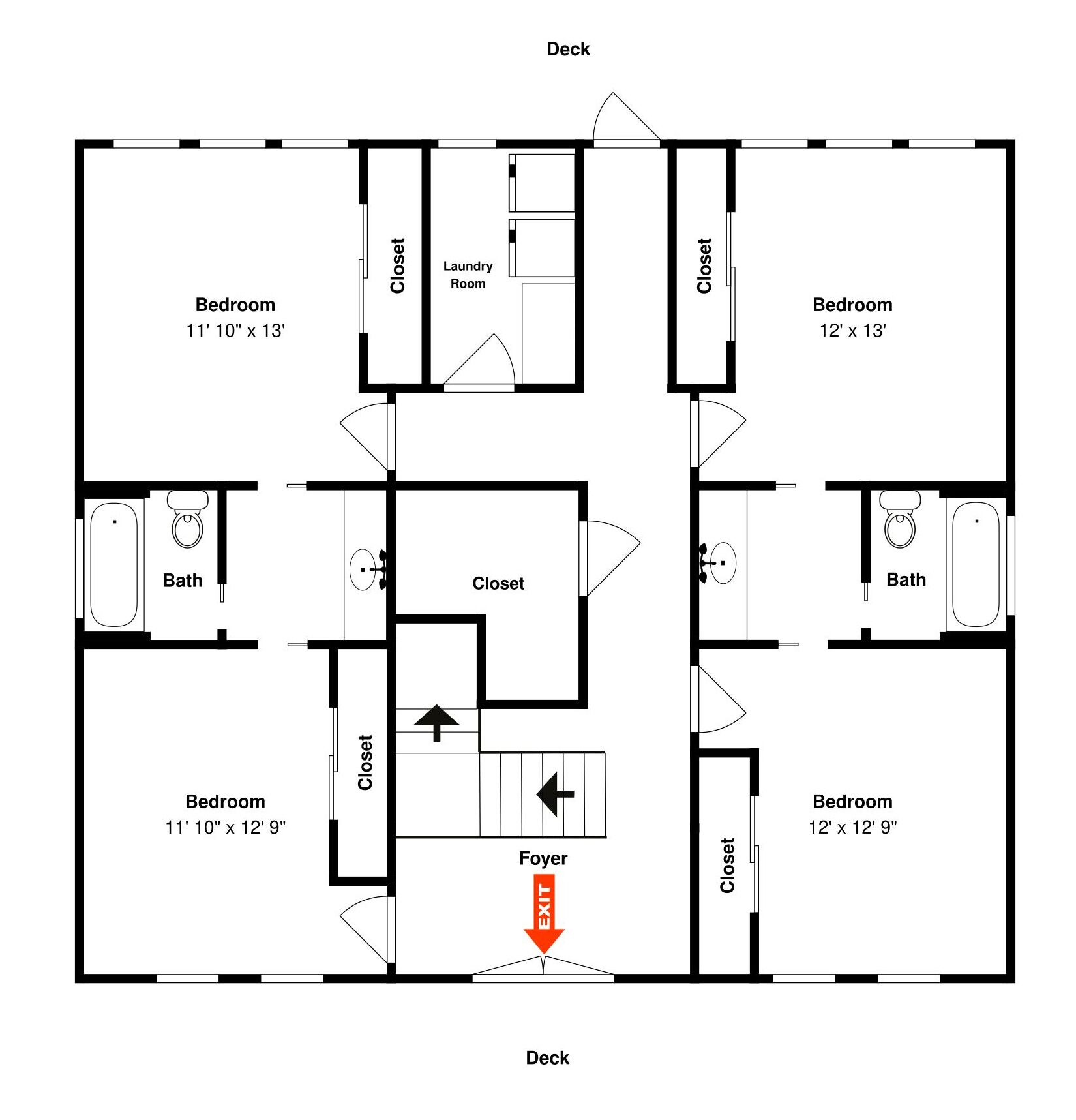 A floor plan of a hotel with two bedrooms, two bathrooms, a foyer, and a deck.