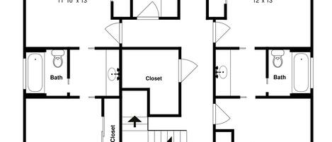 A floor plan of a hotel with two bedrooms, two bathrooms, a foyer, and a deck.