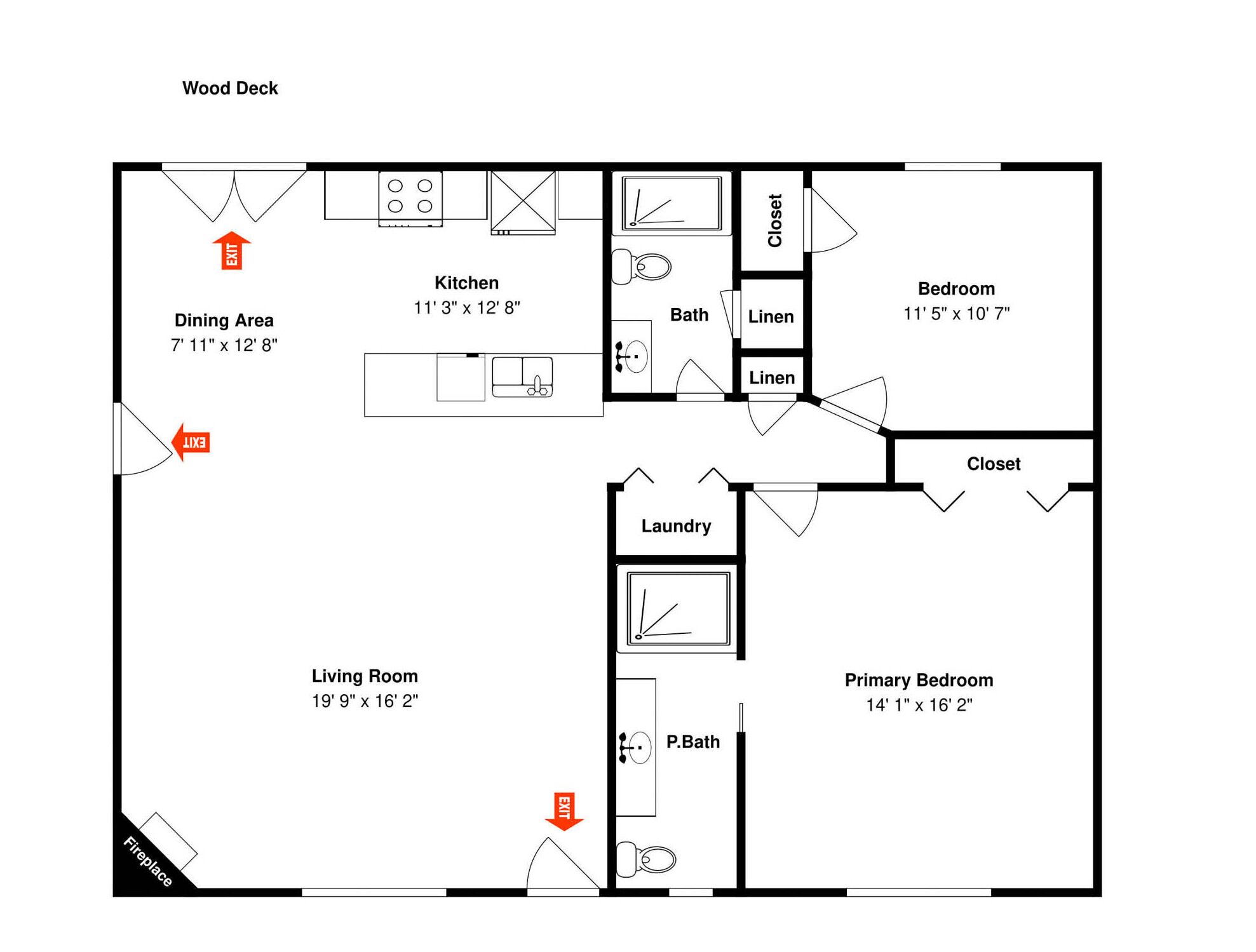 A floor plan with a dining area, kitchen, living room, primary bedroom, and bathroom.
