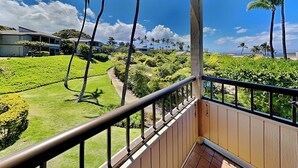 A balcony with a view of a well-maintained lawn, palm trees, and a clear blue sky. - Wailea Ekolu Village 1406 by Maui Rental Group (Kihei)