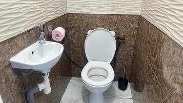Hair dryer, towels, soap, shampoo