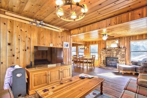 Smart TV, fireplace, books