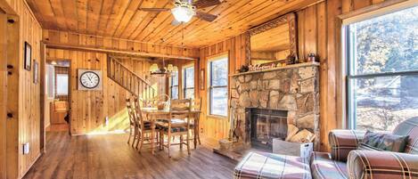 TV connectée, cheminée, livres