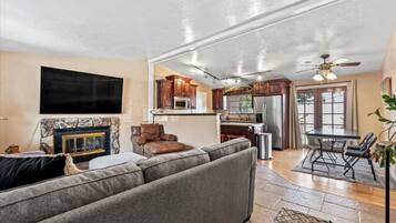 Smart TV, fireplace, books, stereo