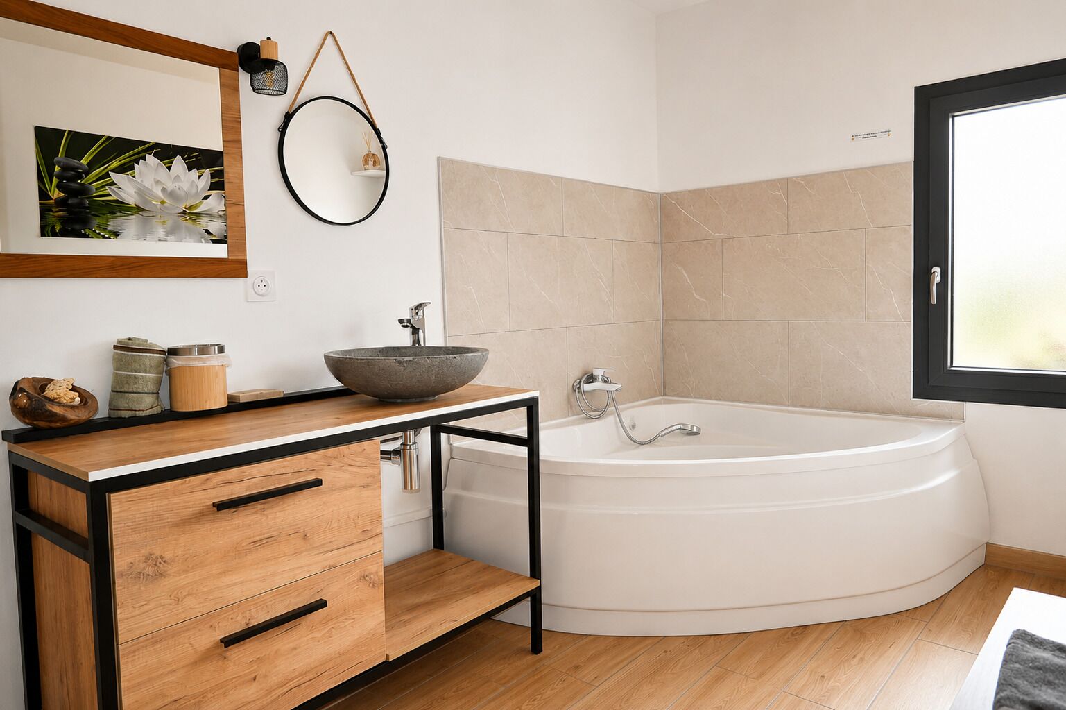 A modern bathroom with a freestanding bathtub, a wooden vanity with a sink, and a large mirror.