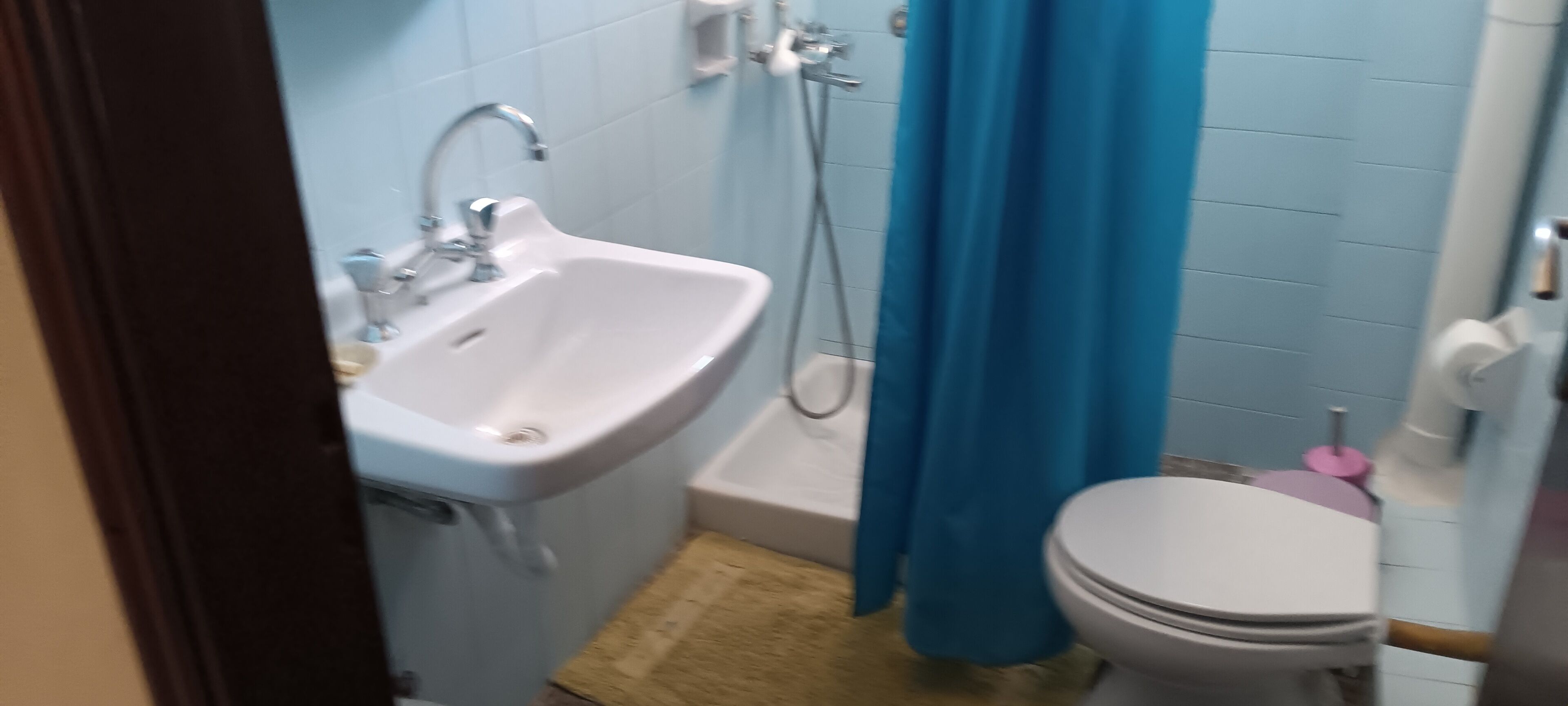 Une petite salle de bain avec un lavabo blanc, une douche et des toilettes.