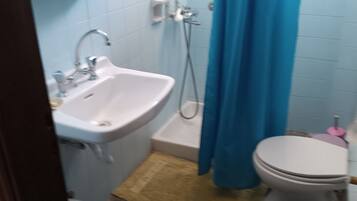 Une petite salle de bain avec un lavabo blanc, une douche et des toilettes.
