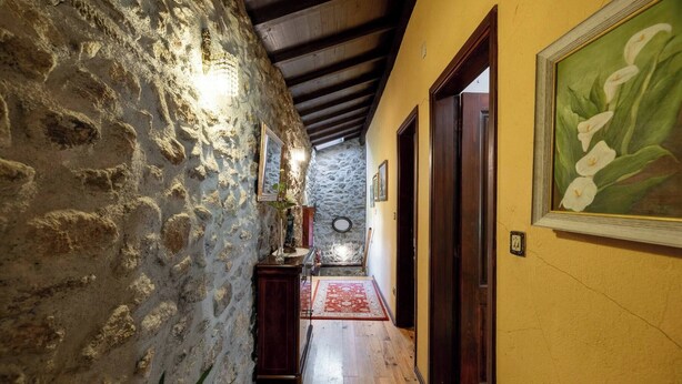 A hallway with stone walls, wooden flooring, and a red carpet leading to a door. - Stone House Casa das Pedras (Vila Nova de Cerveira)