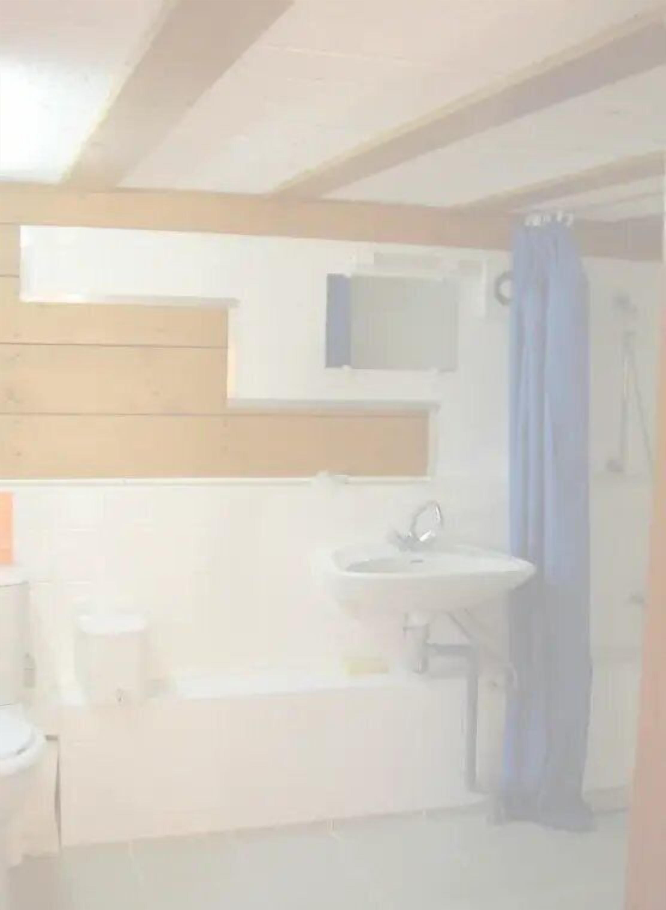 Une salle de bain avec un lavabo, un miroir et un rideau de douche.