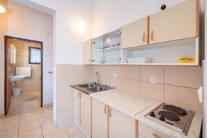 A modern kitchen with a sink, stove, and open cabinets. - Apartments Valy 4 Center Novalja (Novalja)