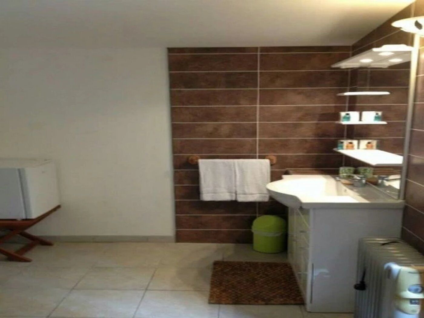 A bathroom with a white sink, a mirror, and a towel hanging on a rack. There is a green trash bin and a brown rug on the floor.