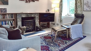 Una sala de estar con chimenea, estanterías, un sofá, un televisor y una ventana con cortinas.
