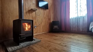 A room with wooden walls, a TV mounted on the wall, a wood-burning stove, and a window with curtains. - Cabañas EcoSur-Chile  (Curacautin)