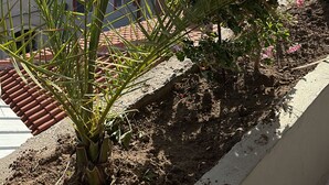 Una terraza con vistas a un paisaje urbano, incluyendo edificios y una cadena montañosa distante.