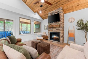 Smart TV, fireplace, video games, foosball