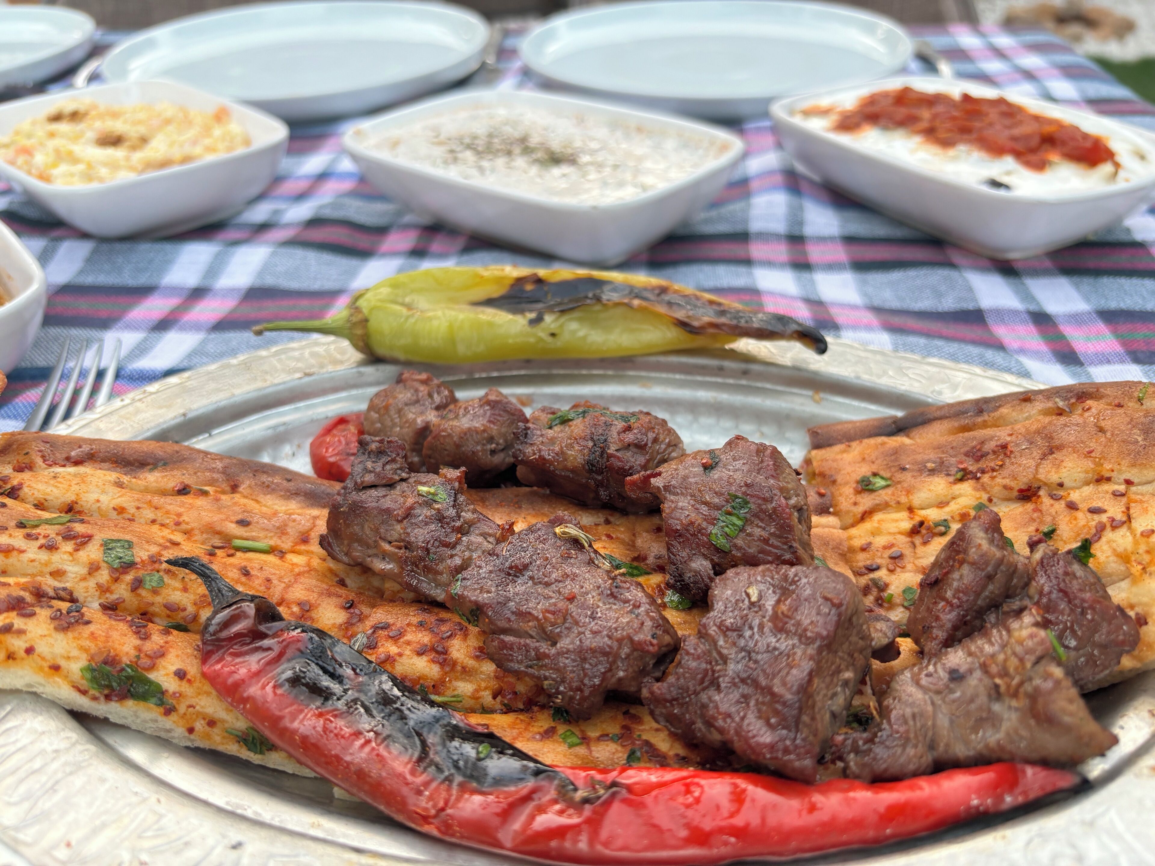 Un plato con carne a la parrilla y verduras sobre una mesita con mantel a cuadros, acompañado de recipientes con guarniciones.