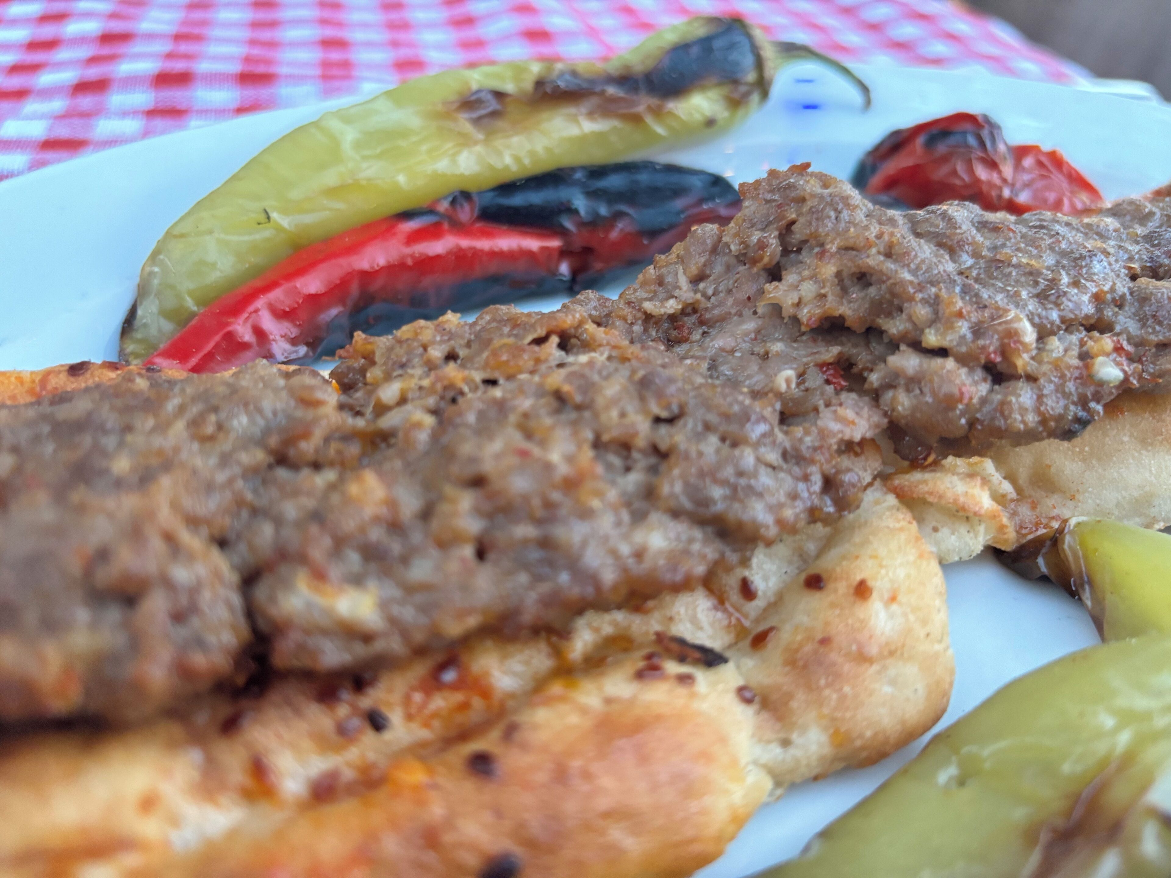 A plate with grilled meat, vegetables, and flatbread.