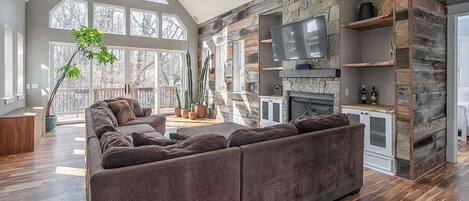 Smart TV, fireplace, foosball