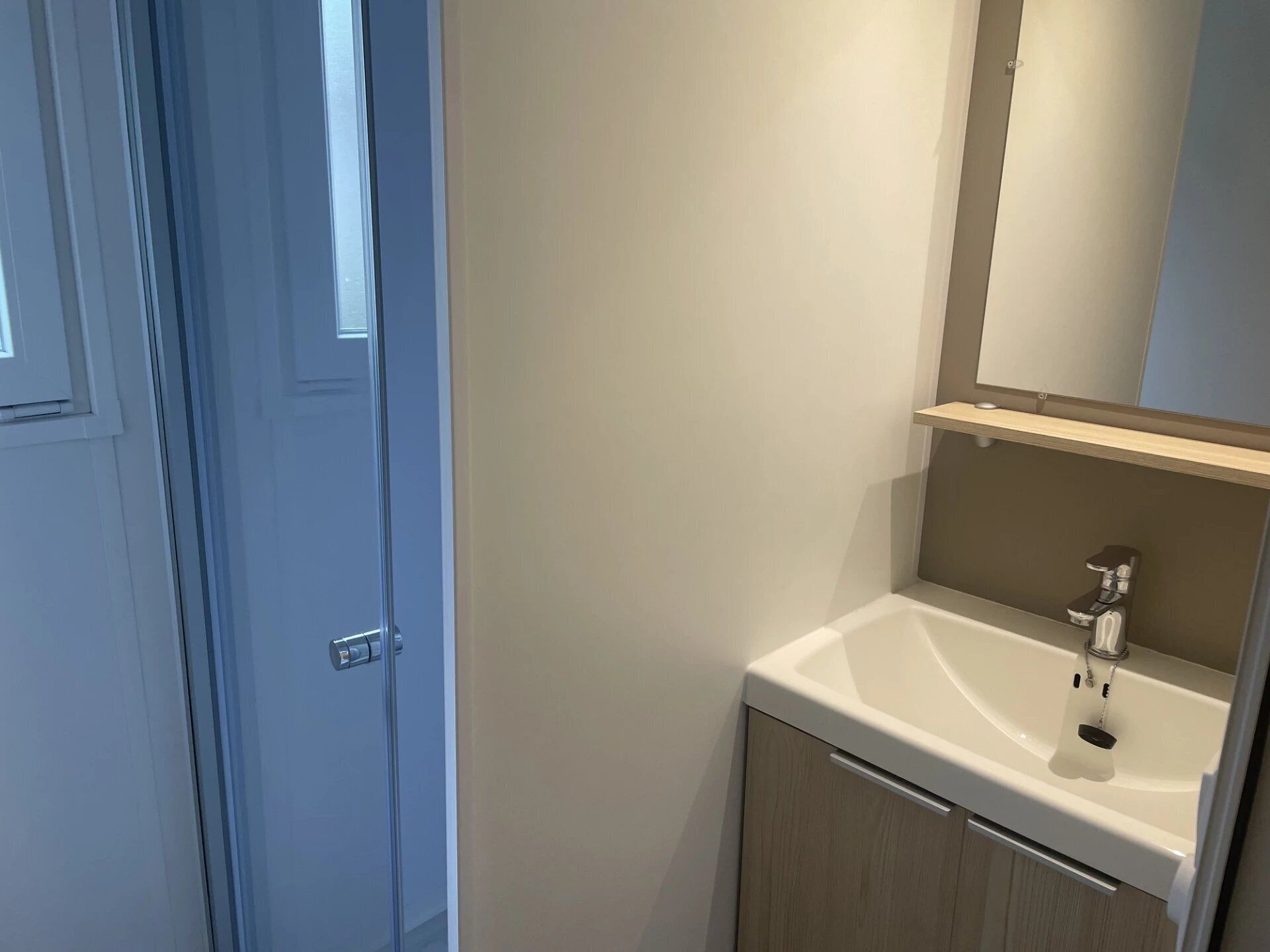 A bathroom with a white sink, a mirror above it, and a door to the left.