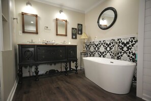 Hair dryer, towels, soap, shampoo