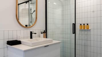 Shower, hair dryer, towels, shampoo