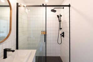 Shower, hair dryer, towels, shampoo