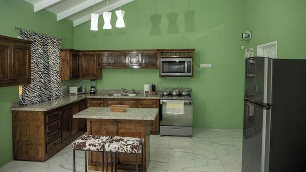 A kitchen with green walls, wooden cabinets, a marble countertop, a zebra-patterned curtain, and a refrigerator. - Lovely entire new 2 Bedroom Apartment in Corinth (Gros Islet Castries)