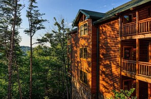 A log cabin with multiple windows and balconies, surrounded by dense forest.