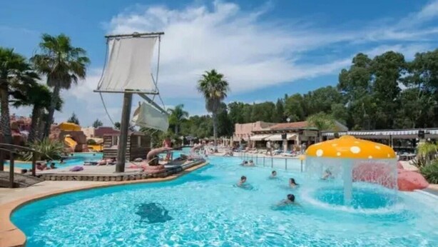 Zona de piscina con tobogán de agua, palmeras y cielo azul despejado.