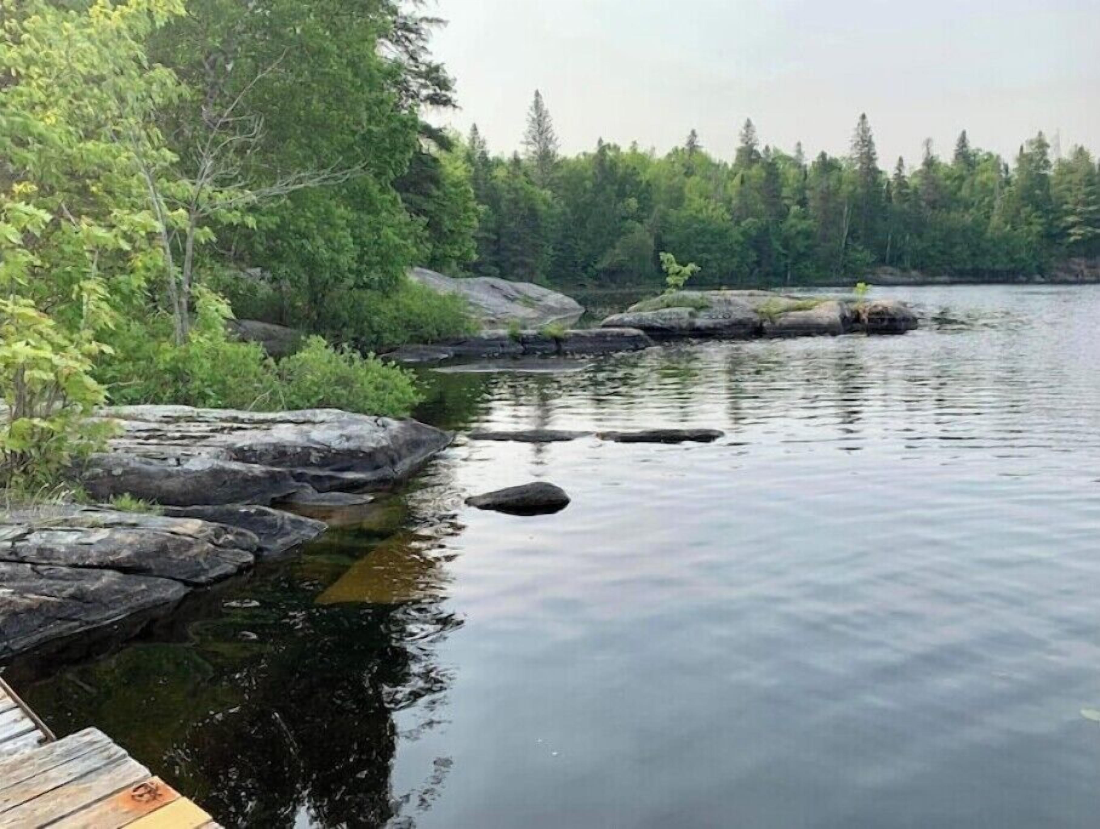 A calm lake with a wooden dock extending into the water, surrounded by dense forest.