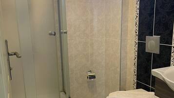 A bathroom with a glass-enclosed shower, a toilet, and a small skylight.