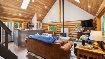 Smart TV, fireplace, books, music library