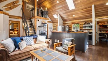 Älytelevisio, takka, kirjoja, musiikkikirjasto