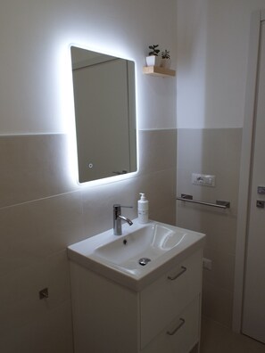 Shower, hair dryer, bidet, towels