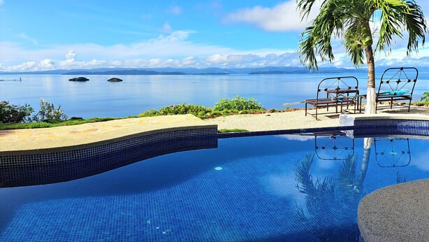 A swimming pool with a tiled edge, a palm tree, and lounge chairs. - Casa Celajes (Chomes)