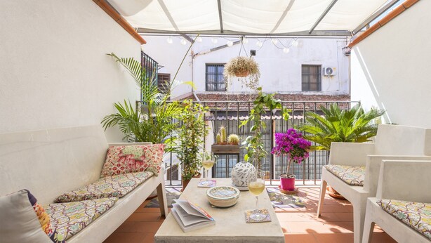 A sunlit patio with a sofa, a table with a book and glass, and potted plants.