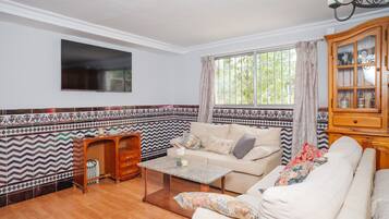 Una televisión, una chimenea