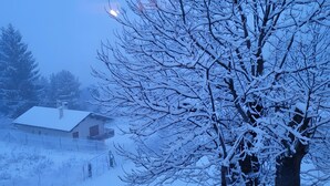 A snow-covered landscape with a house and bare trees. - Holiday Home 'Le Calmadou' with Mountain View, Private Terrace and Wi-Fi (Formiguères)