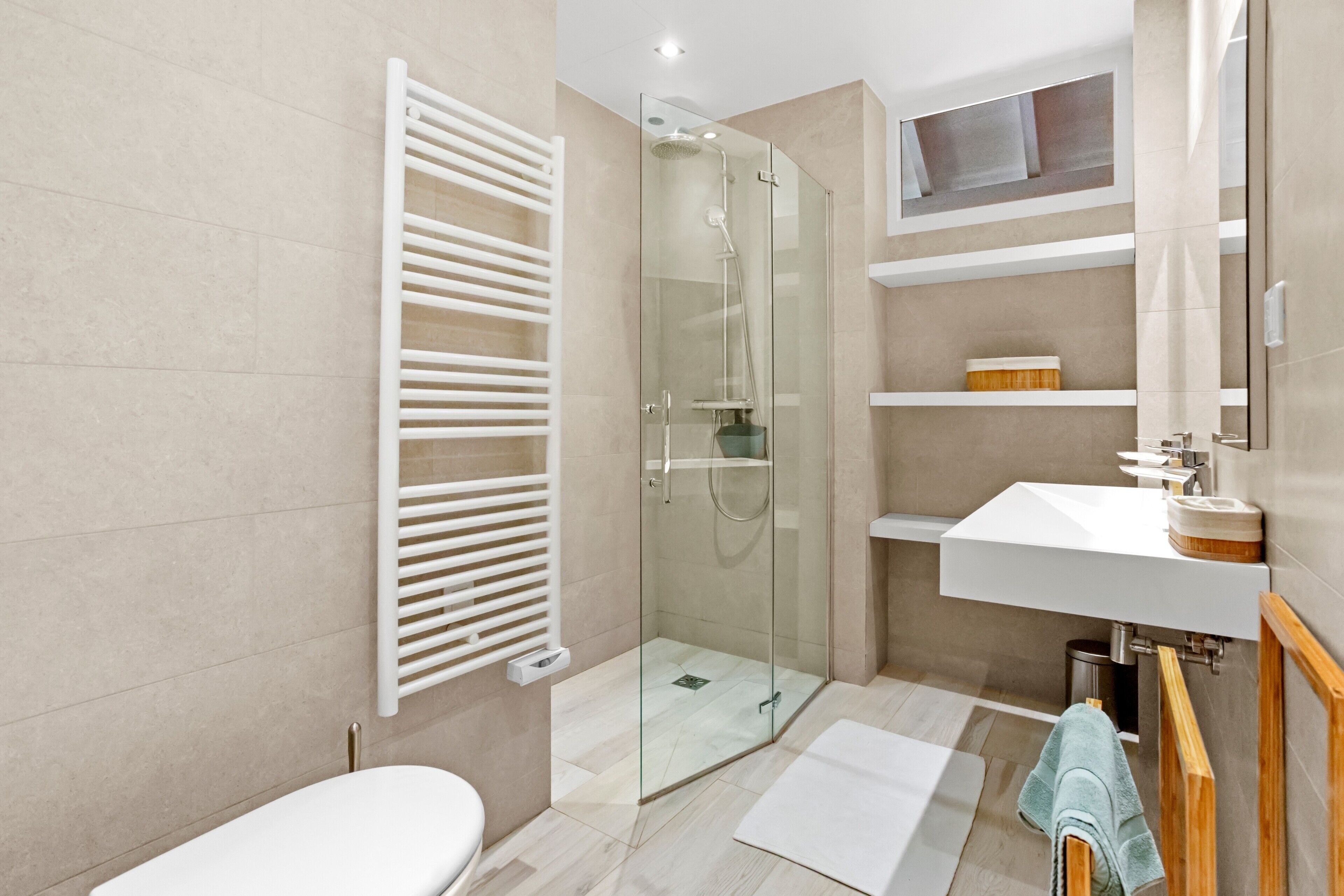 Shower, hair dryer, towels