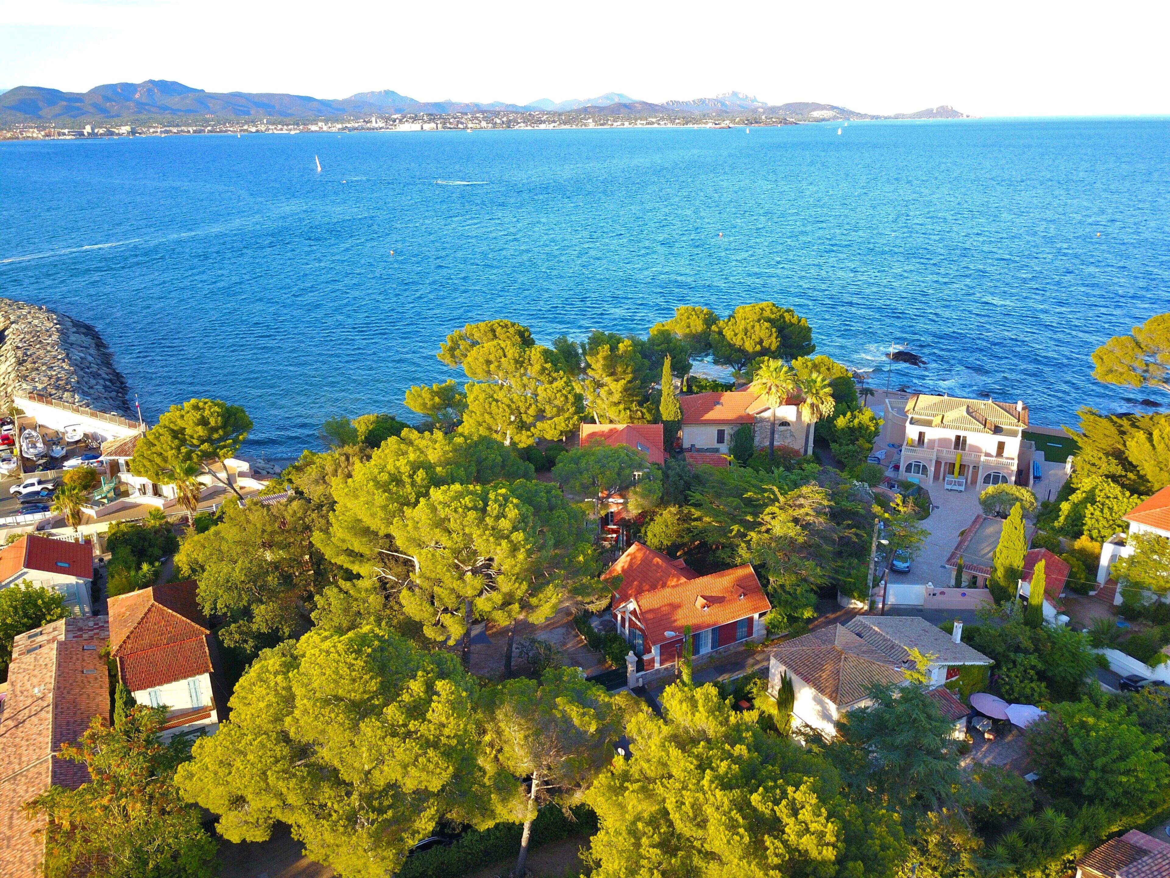 A coastal town with buildings surrounded by trees and a view of the sea.