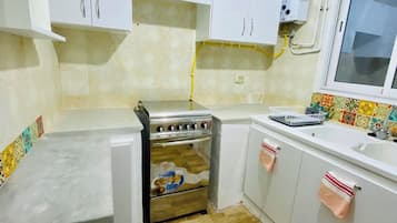 Fridge, oven, stovetop, cookware/dishes/utensils