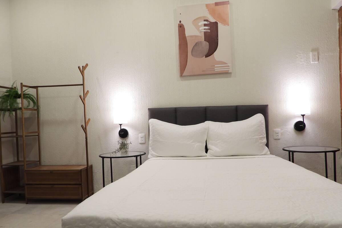 Un dormitorio ordenado con una cama grande, dos mesitas de noche, una lámpara de pared y una planta.