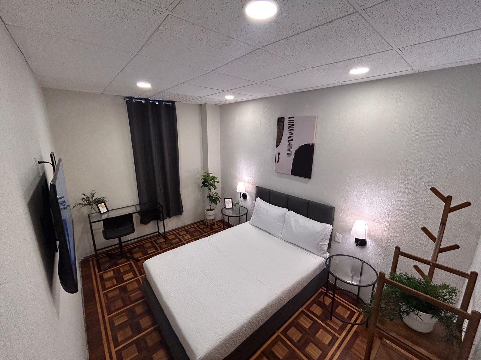 A hotel room with a large bed, a desk, a chair, a TV, a plant, and a coat rack.