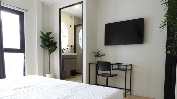A modern hotel room with a large bed, a desk with a chair, a TV mounted on the wall, and a potted plant. - Singular Reforma (Mexico City)