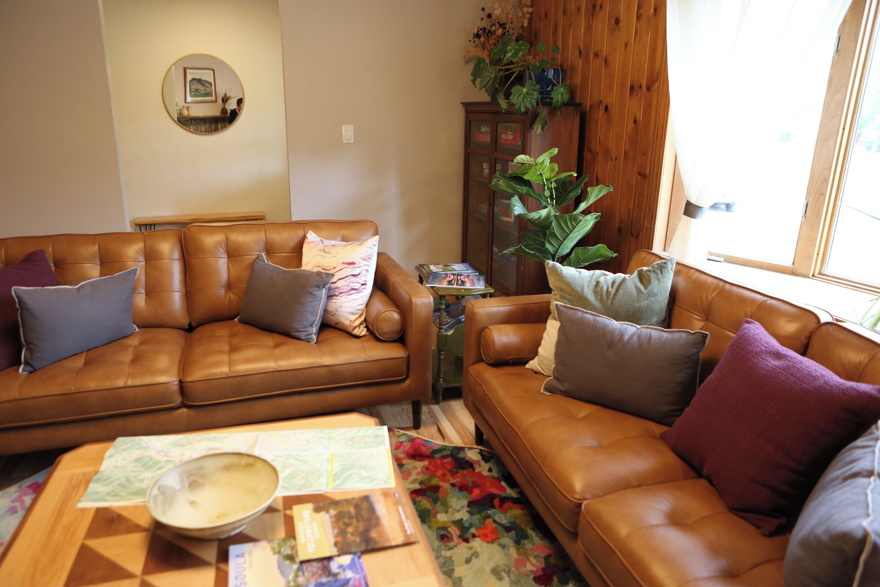 Smart TV, fireplace, books, computer monitors