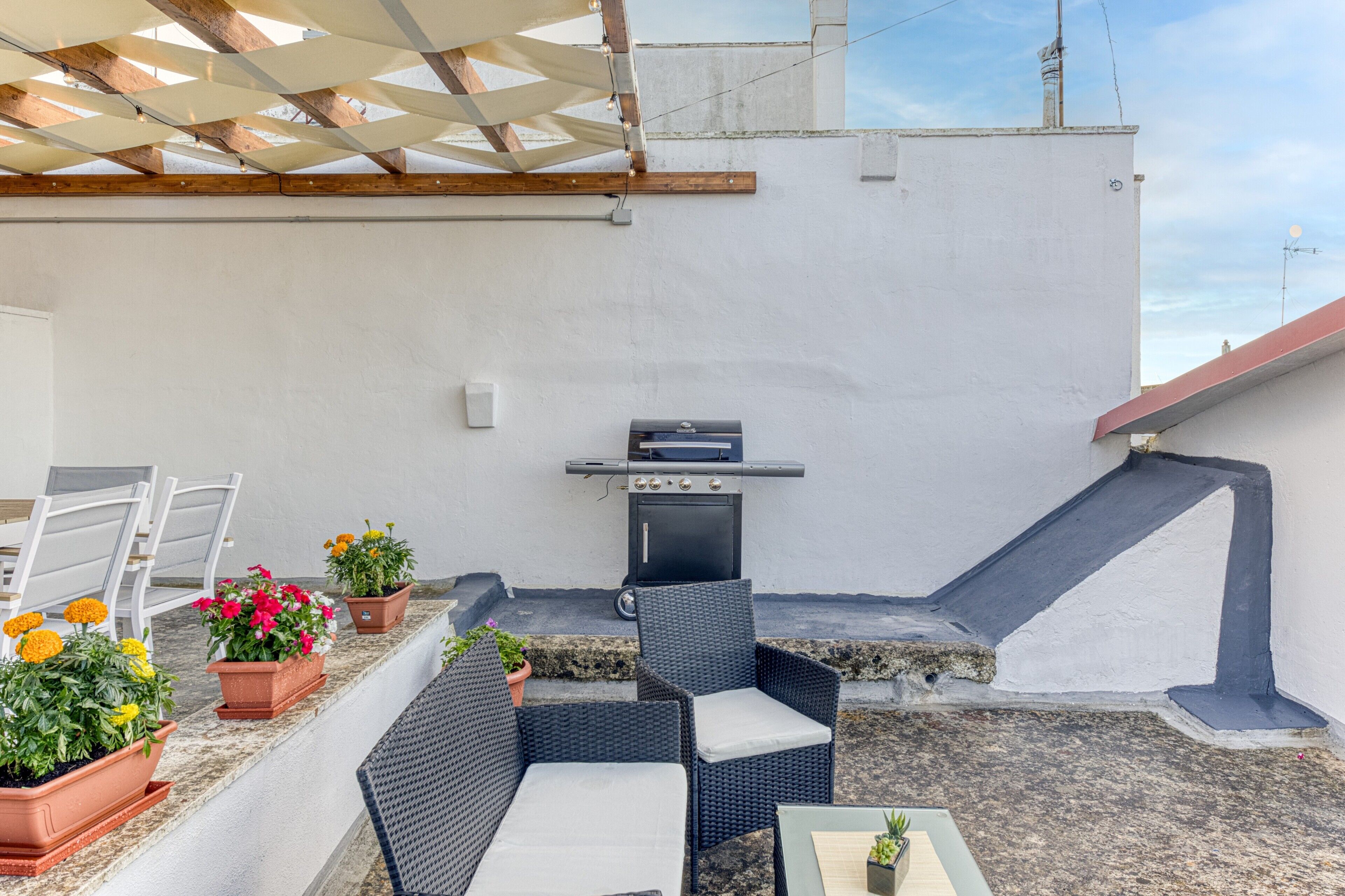 Une terrasse sur le toit, équipée d’un barbecue, de meubles en osier, de plantes en pot et d’un mur blanc.