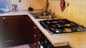 Een keuken met een gasfornuis, spoelbak en kastjes.